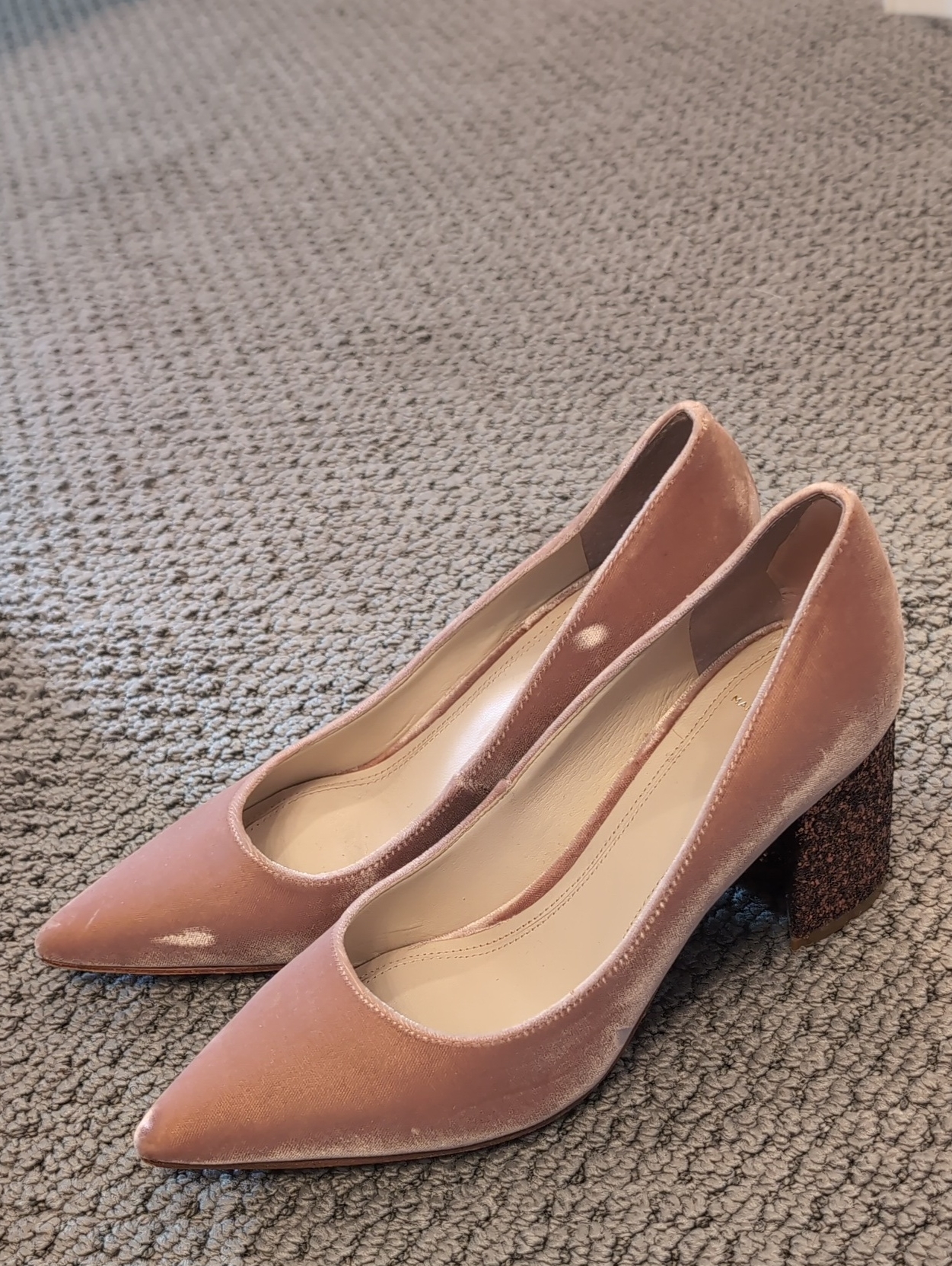 Marc Fisher Blush Pink Velvet Pointed Block Heel Pumps